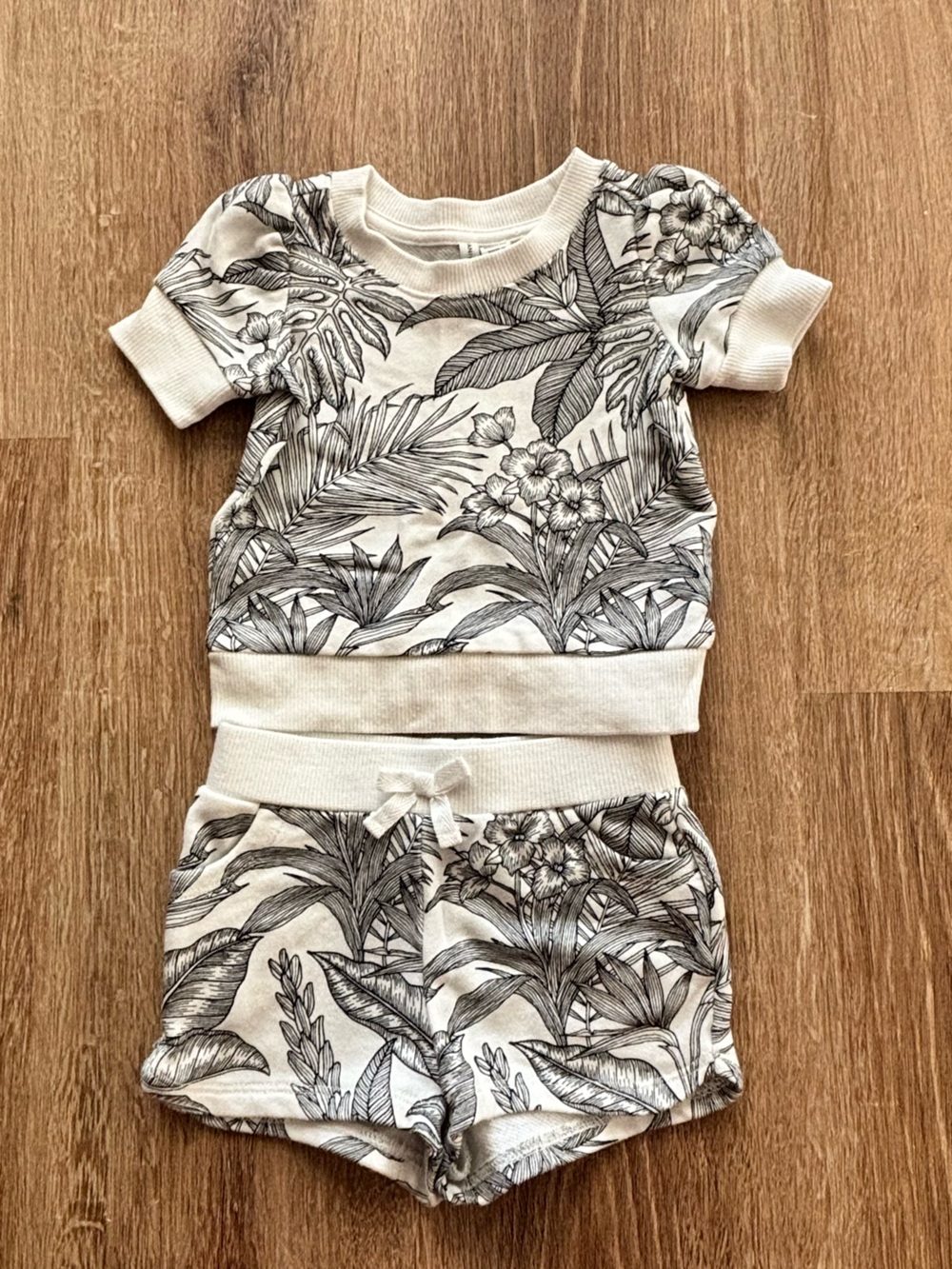 Janie and Jack Baby Girl Top Bottom Set with Black Botanical Print 6-12 mos